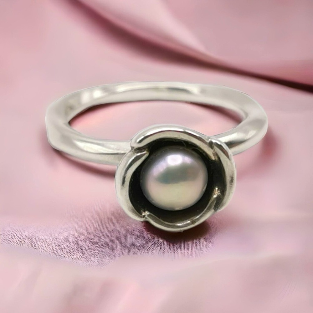 RETIRED VINTAGE Pandora Sterling Silver My Wish Grey Freshwater Pearl Ring